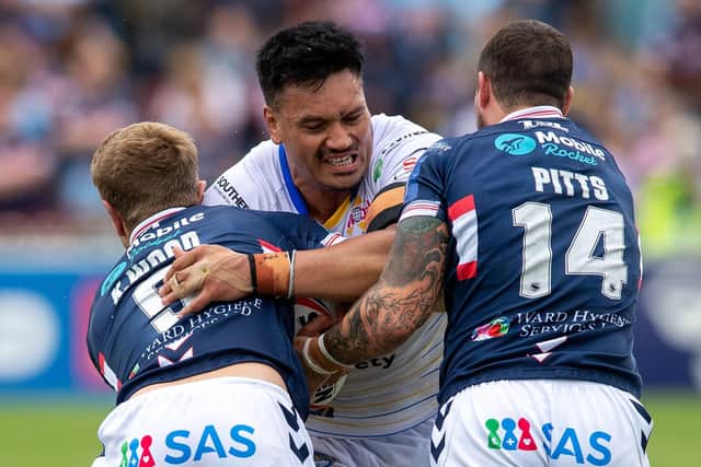 Power-packed Leeds Rhinos forward Zane Tetevano tests the Wakefield Trinity defence during the last Super League season. Picture: Bruce Rollinson/JPIMedia.