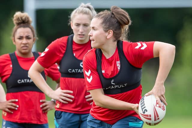 Leeds Rhinos Women's signing Emma Lumley in training with England this year. Picture: Allan McKenzie/SWpix.com
