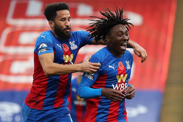 Eberechi Eze scores for Crystal Palace in the Eagles' 4-1 win over Leeds United at Selhurst Park. The eye-catching free-kick was Eze's first goal for Palace. Pic: Naomi Baker.