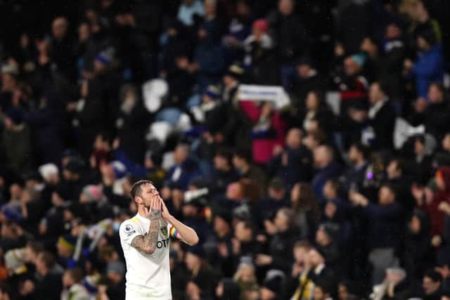 Leeds United captain Liam Cooper celebrates victory over Crystal Palace at Elland Road. Pic: George Wood.