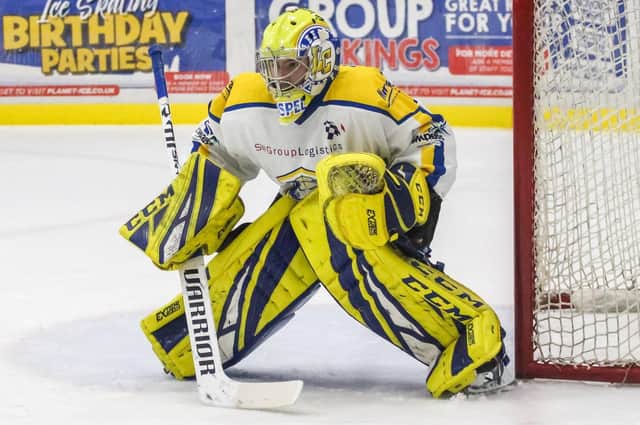 Leeds Knights first-choice netminder Sam Gospel missed eight games and four weeks dur to injury, returning last Friday to help them beat Sheffield Steeldogs 2-1 at Ice Sheffield. Picture courtesy of Kat Medcroft - Swindon Wildcats