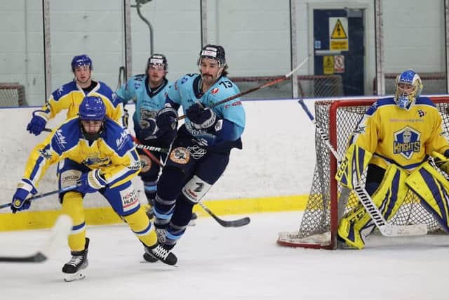 Sam Gospel, far right, in his reeturn to action after missing eight games through injury, helping Leeds Knights win 2-1 at Sheffield Steeldogs. Picture courtesy of Steeldogs Media.