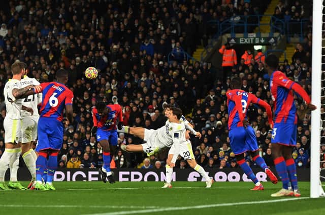 Diego Llorente attempts an effort on goal during Leeds United's clash with Crystal Palace. Pic: Bruce Rollinson