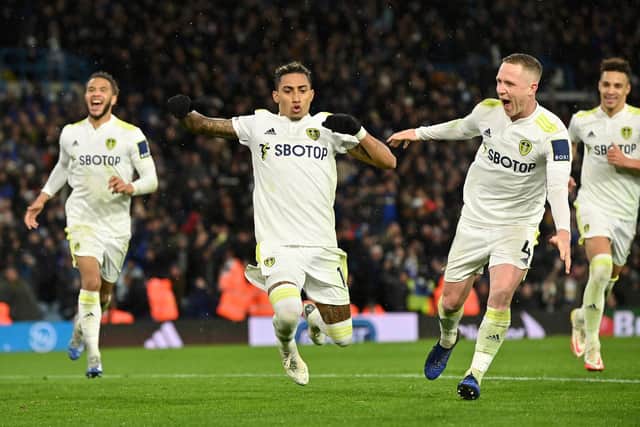 BIG MOMENT - Raphinha converted a stoppage time penalty to give Leeds United a dramatic win over Crystal Palace. Pic: Bruce Rollinson