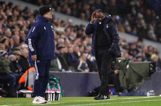 Crystal Palace boss Patrick Vieira reacts during his side's defeat to Leeds United. Pic: Bruce Rollinson