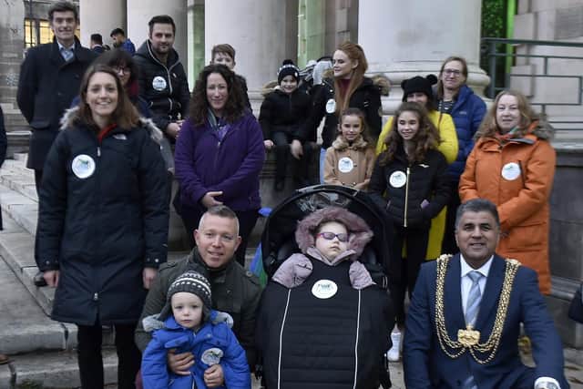 Zoe Lightfoot, six, pictured with dad Steven Lightfoot; mum Christine Hamshere and Zoe's brother Alex, two, at the launch of  charity cureinaduk.org at Leeds Civic Hall.
Also pictured is Lord Mayor of Leeds Coun Asghar Khan.

Photo: Steve Riding