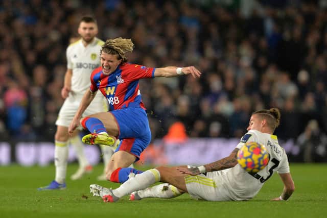 FULL-BLOODED: Leeds United's Kalvin Phillips, right, executes a firm but perfectly-timed tackle on Crystal Palace's Conor Gallagher during Tuesday night's Premier League clash at Elland Road. Picture by Bruce Rollinson.