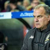 Leeds United boss Marcelo Bielsa in the technical area at Elland Road during the Whites' 1-0 win over West Brom. Pic: Bruce Rollinson.