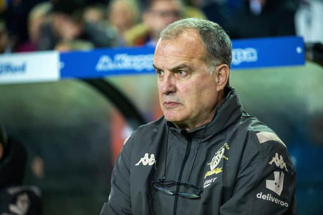 Leeds United boss Marcelo Bielsa in the technical area at Elland Road during the Whites' 1-0 win over West Brom. Pic: Bruce Rollinson.