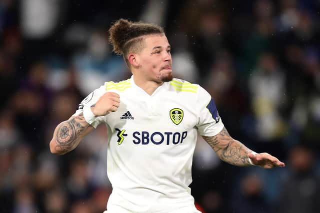 PLAY ME WHERE YOU LIKE! Leeds United's England international star Kalvin Phillips celebrates in front of the packed Elland Road stands after Tuesday night's thrilling success against Crystal Palace. Photo by George Wood/Getty Images.