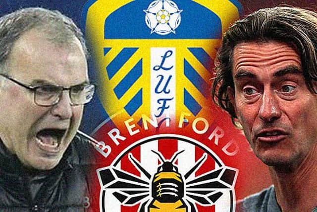 REUNION: Between Leeds United head coach Marcelo Bielsa, left, and Brentford boss Thomas Frank, right, the pair having previously met as Championship rivals. Graphic by Graeme Bandeira.