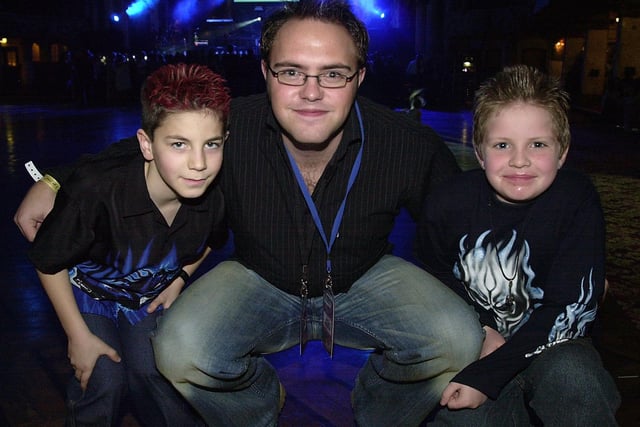 Pop band Busted concert at the Tower Ballroom, Blackpool. Gazette competition winners Ryan Daley (left) and Thomas Wrigley meet Rock FM DJ Dixie in 2003