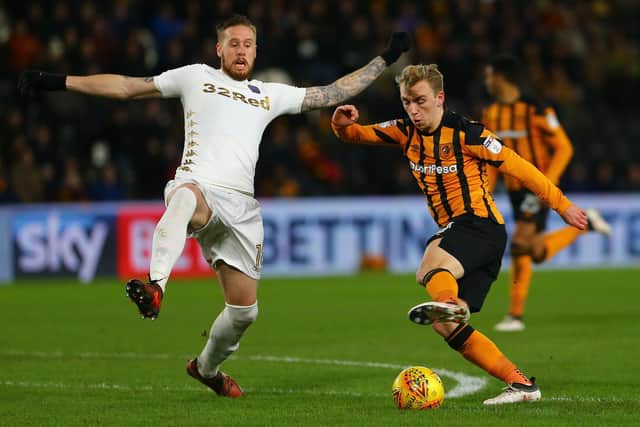 Leeds United defender Pontus Jansson challenges Hull City's Jarrod Bowen. Pic: Ashley Allen