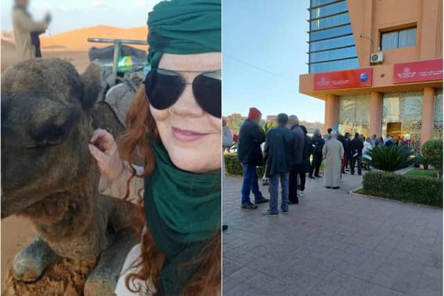 Amy Jones, 27, from Beeston, is stuck in Morocco after her return flight was cancelled. Pictured on the right is the queue to buy flights with Royal Air Maroc, which Amy says cost more than £1,000