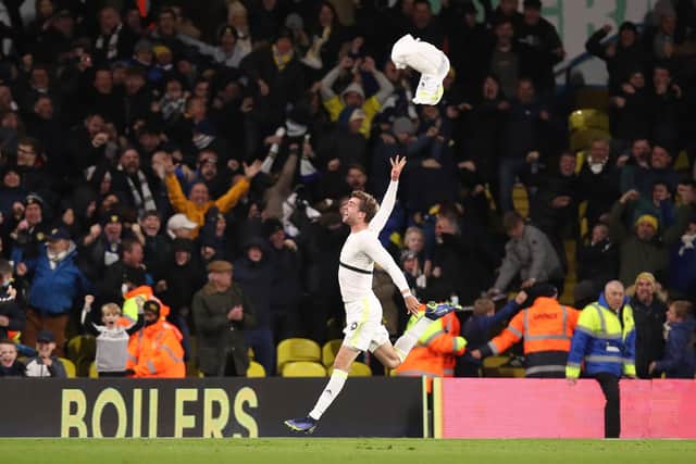 BACK WITH A BANG: Leeds United striker Patrick Bamford celebrates kneeing home a 95th-minute equaliser to rescue a 2-2 draw against Brentford at Elland Road. Photo by George Wood/Getty Images.