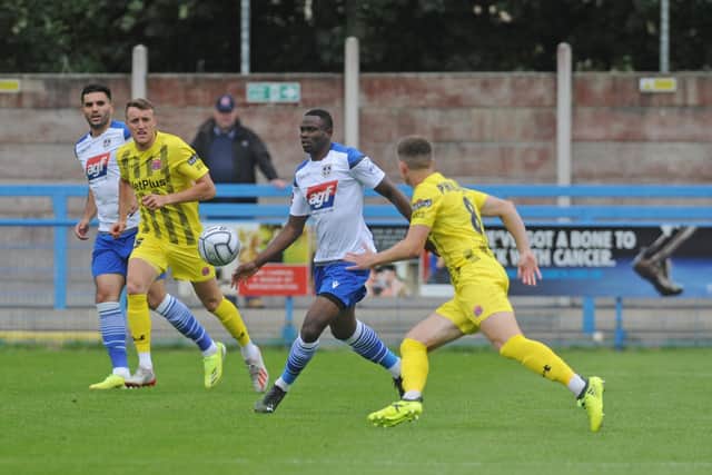 Went close: Guiseley’s Prince Ekpolo, above, hit the crossbar against York. Picture: Steve Riding
