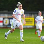 Leeds United Women midfielder Sarah Danby in action against Stockport County. Pic: LUFC.