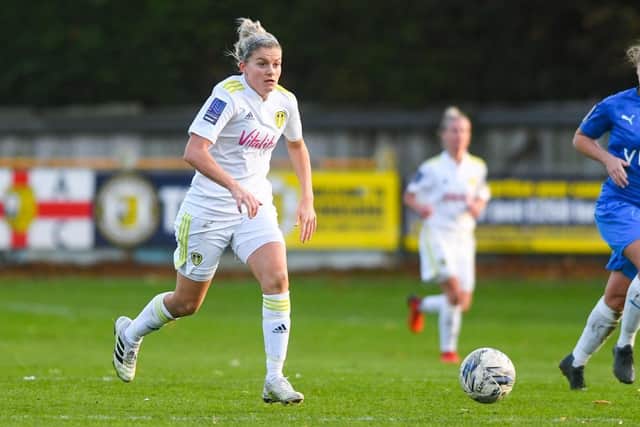 Leeds United Women midfielder Sarah Danby in action against Stockport County. Pic: LUFC.