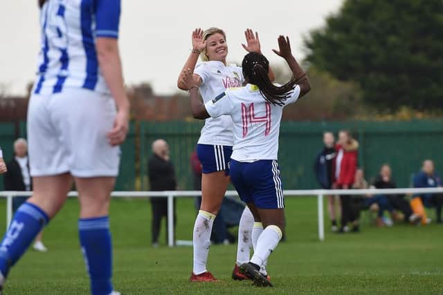 Laura Bartup and Sandra Soares-Martin celebrate during Leeds United's 4-0 victory over Hartlepool United. Pic: LUFC
