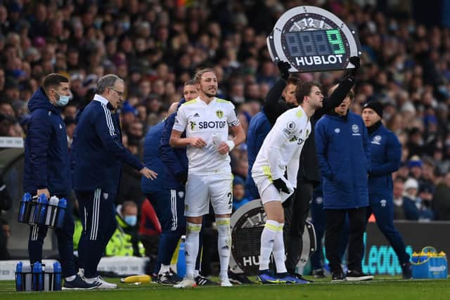 Leeds United's Patrick Bamford steps off the bench at Elland Road. Pic: Getty
