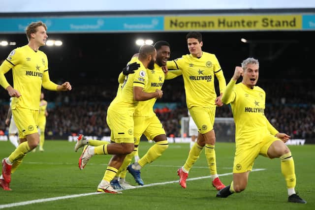 Sergi Canos celebrates putting Brentford ahead at Elland Road. Pic: George Wood