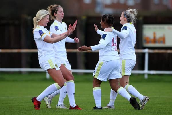 Leeds United Women celebrate Aaliyah Nolan's early opener against Norton. Pic: LUFC.