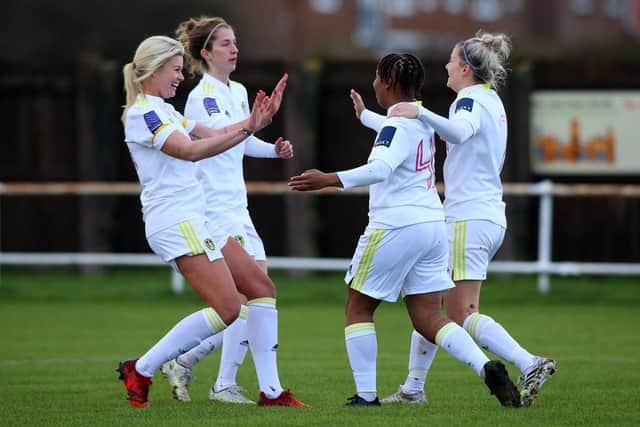 Leeds United Women celebrate Aaliyah Nolan's early opener against Norton. Pic: LUFC.