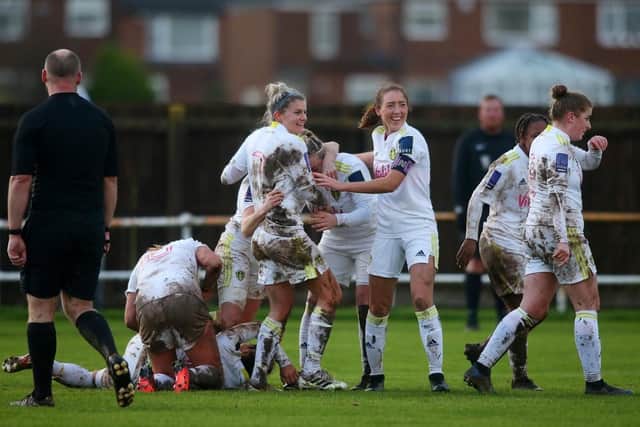 Leeds United Women celebrate Kathryn Smyth's last-minute winner at Norton. Pic: LUFC.