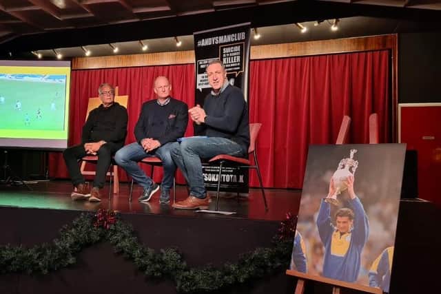 Hayden Evans (left), Simon Grayson (middle) and Adam Pope (right) on stage during the Gary Speed remembrance evening. Pic: Paul Biltcliffe