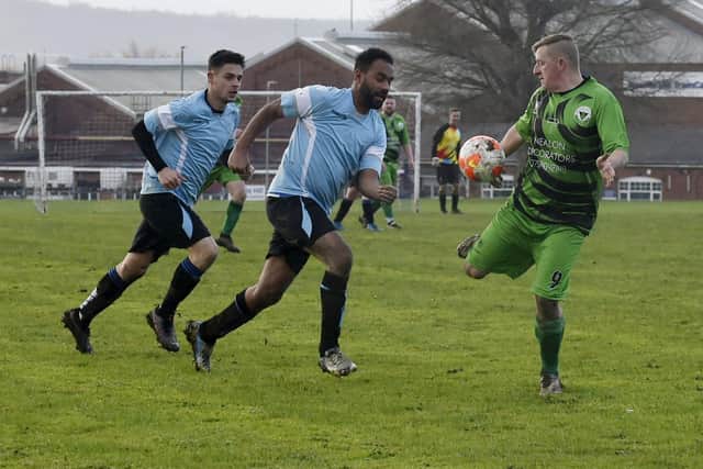 Adam Kerrigan, of Neville Hill, shows some fancy footwork to flick the ball on during Sunday's Leeds Combination League Division 5 encounter with Bird In Hand. Picture: Steve Riding.