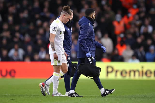 BLOW: Leeds United's England international midfielder star Kalvin Phillips, above, was forced off injured during the second half of Sunday's 2-2 draw against Brentford at Elland Road. Photo by George Wood/Getty Images.