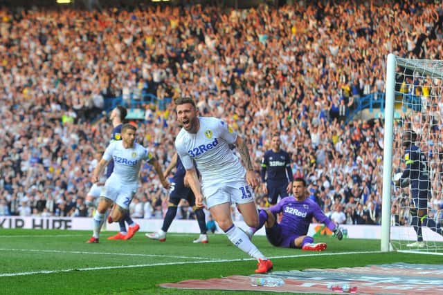 Stuart Dallas celebrates putting Leeds United 2-0 up on aggregate in the second leg of the Championship play-off semi-final against Derby County in 2019. Pic: Tony Johnson.