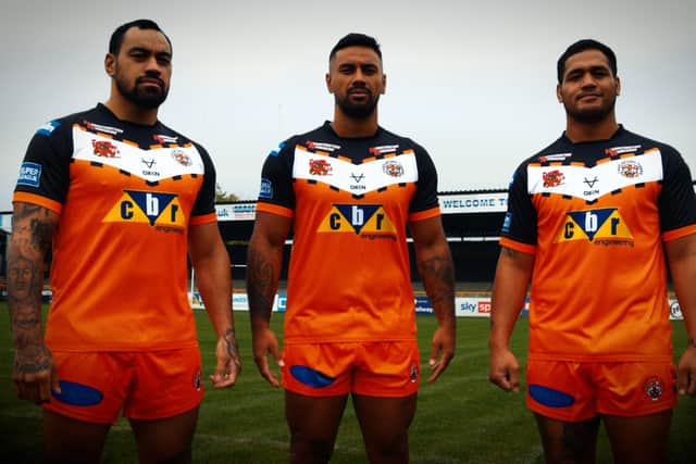 Castleford Tigers' off-season signings, from left, Mahe Fonua, Kenny Edwards and Bureta Faraimo. Picture: Castleford Tigers/Elite Pro Sports.