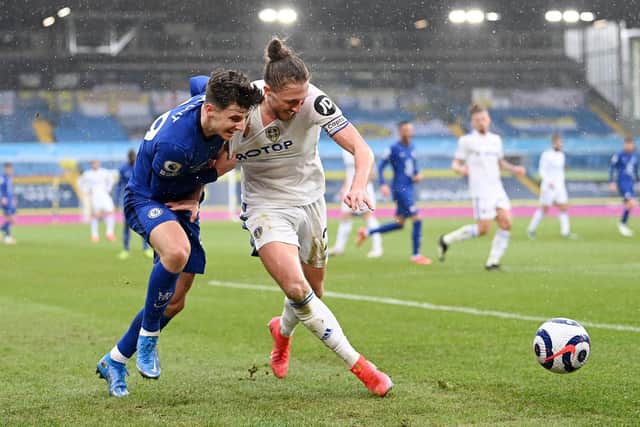 Luke Ayling battles Mason Mount in as Leeds United hold Chelsea to a goalless draw at Elland Road in March 2021. Pic: Laurence Griffiths.