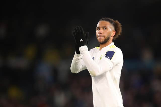 Tyler Roberts applauds Leeds United supporters following the Whites' 2-2 draw with Brentford at Elland Road. Pic: George Wood