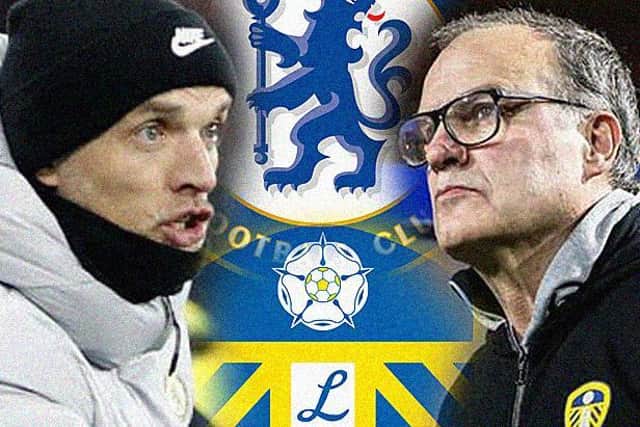 FIRST MEETING: Between Chelsea boss Thomas Tuchel, left, and Leeds United head coach Marcelo Bielsa, right. Graphic by Graeme Bandeira.