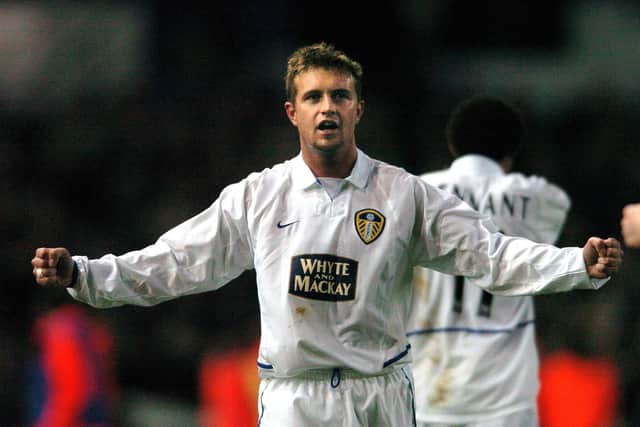 Stephen McPhail celebrates scoring against Manchester City during the Premier League clash at Elland Road in March 2004. PIC: Jonathan Gawthorpe