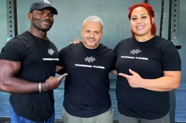 Yazid Eid, centre, pictured with mixed martial artist Alain Ngalani and Olympic weightlifting champion Emily Campbell