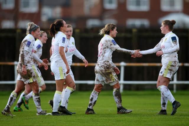 Leeds United Women celebrate Kathryn Smith's last-minute winner against Norton and Stockton Ancients in the FA Cup second round. Pic: LUFC.