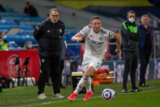 PRAISE: From Whites boss Marcelo Bielsa, left, for Leeds United's stand-in captain Luke Ayling, right, pictured during last season's clash against Aston Villa at Elland Road. Picture by Bruce Rollinson.