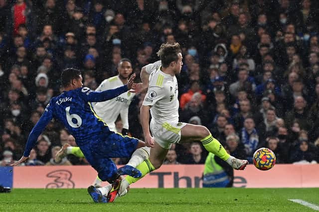 SPECIAL MOMENT: Nineteen-year-old forward Joe Gelhardt nets his first goal for Leeds United and first Premier League strike in Saturday's 3-2 defeat at Chelsea. Photo by GLYN KIRK/AFP via Getty Images.