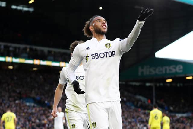 CENTURION: Leeds United forward Tyler Roberts celebrates netting his ninth goal for the club in his 100th outing for the Whites in last weekend's 2-2 draw against Brentford at Elland Road. Photo by George Wood/Getty Images.