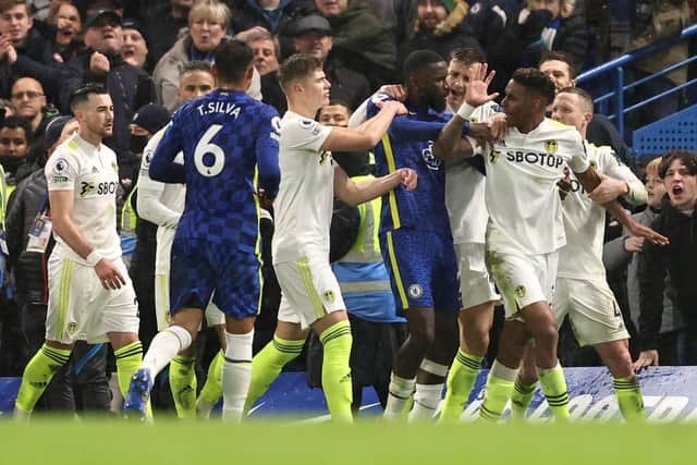 FLASH POINT - The full-time whistle was the signal for a confrontation involving Leeds United and Chelsea players at Stamford Bridge. Pic: Getty