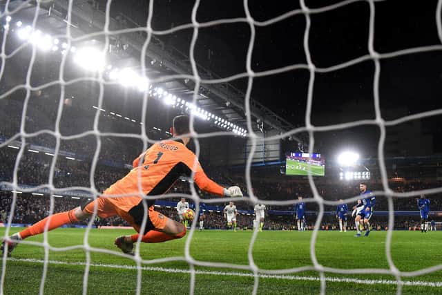 Jorginho beats Illan Meslier from the spot to win the game for Chelsea. Pic: Mike Hewitt.