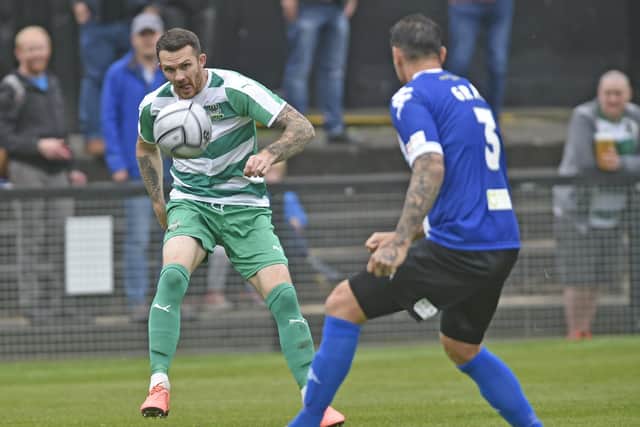 Farsley Celtic's
Jimmy Spencer, left, was red-carded against Gateshead on Saturday. Picture: Steve Riding.