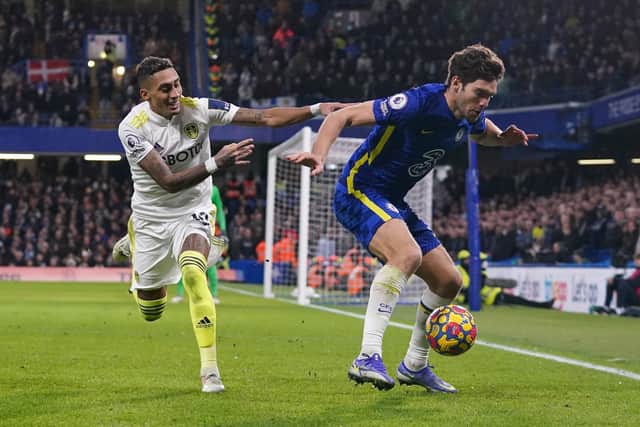 Leeds United's Raphinha and Chelsea's Marcos Alonso battle for the ball. Picture: Adam Davy/PA Wire.