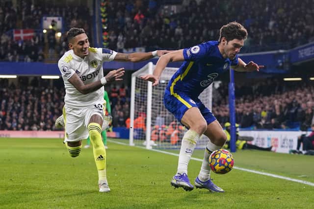Leeds United's Raphinha and Chelsea's Marcos Alonso battle for the ball. Picture: Adam Davy/PA Wire.