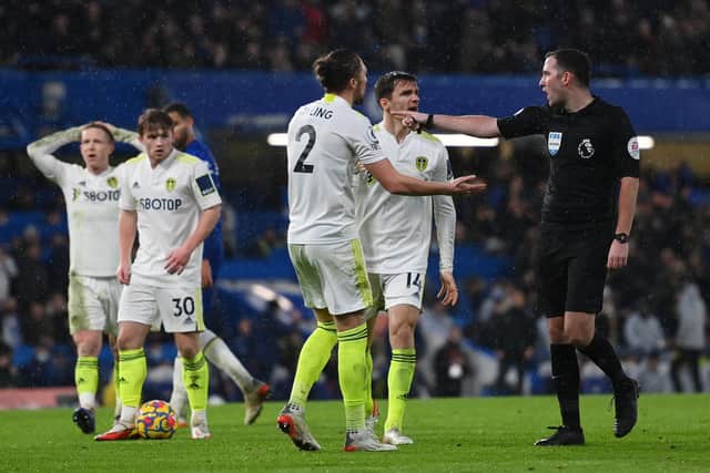 Luke Ayling and Diego Llorente react after Chris Kavanagh awarded a late penalty to Chelsea. Picture: Mike Hewitt/Getty Images).
