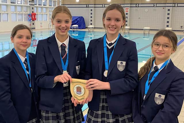 Darcy Blacker, Hollie Wilson, Isobel Newman and Eliza Jones (pictured, left to right) won medals in the junior girls 4x50m freestyle relay against a competitive national field at school championships in London.