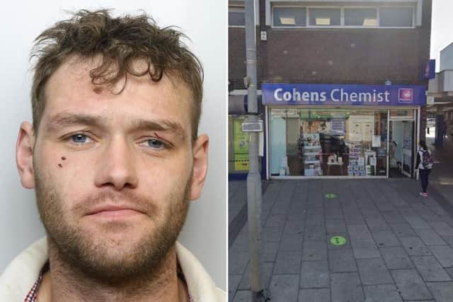 Callum Exley-McTaggart was sent to prison over a robbery at Cohens Chemist, in Castleford.
